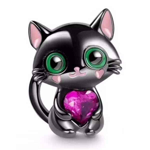 Zawieszka charms do pandory Srebro próby 925 Czarny Kotek z sercem
