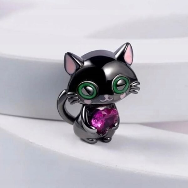 Zawieszka charms do pandory Srebro próby 925 Czarny Kotek z sercem - obrazek 2