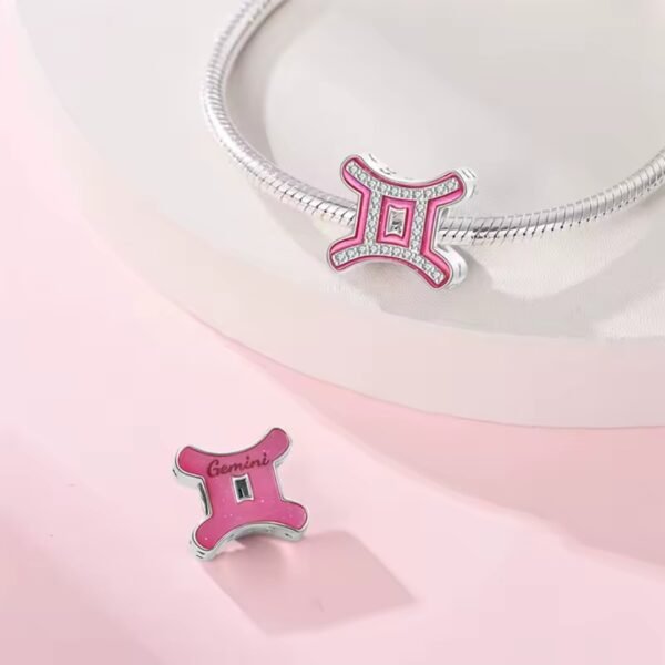Zawieszka charms do pandory Srebro próby 925 Różowy Znak Zodiaku Bliźnięta - obrazek 2
