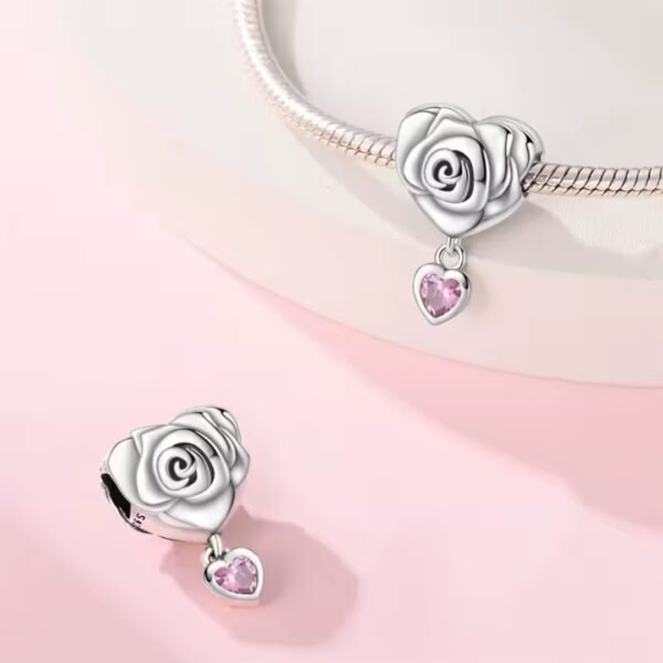 Zawieszka charms do pandory Srebro próby 925 Róża i Serce - obrazek 2
