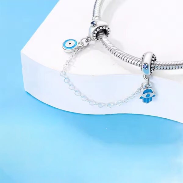 Łańcuszek Zabezpieczający charms do pandory Srebro próby 925 Ręka Fatimy i Oko - obrazek 2